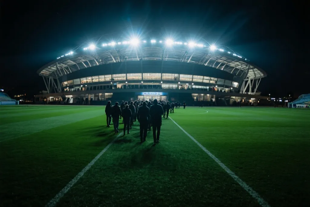 世界杯决赛球场外景，夜景灯光，观众入场，宏大氛围，电影感