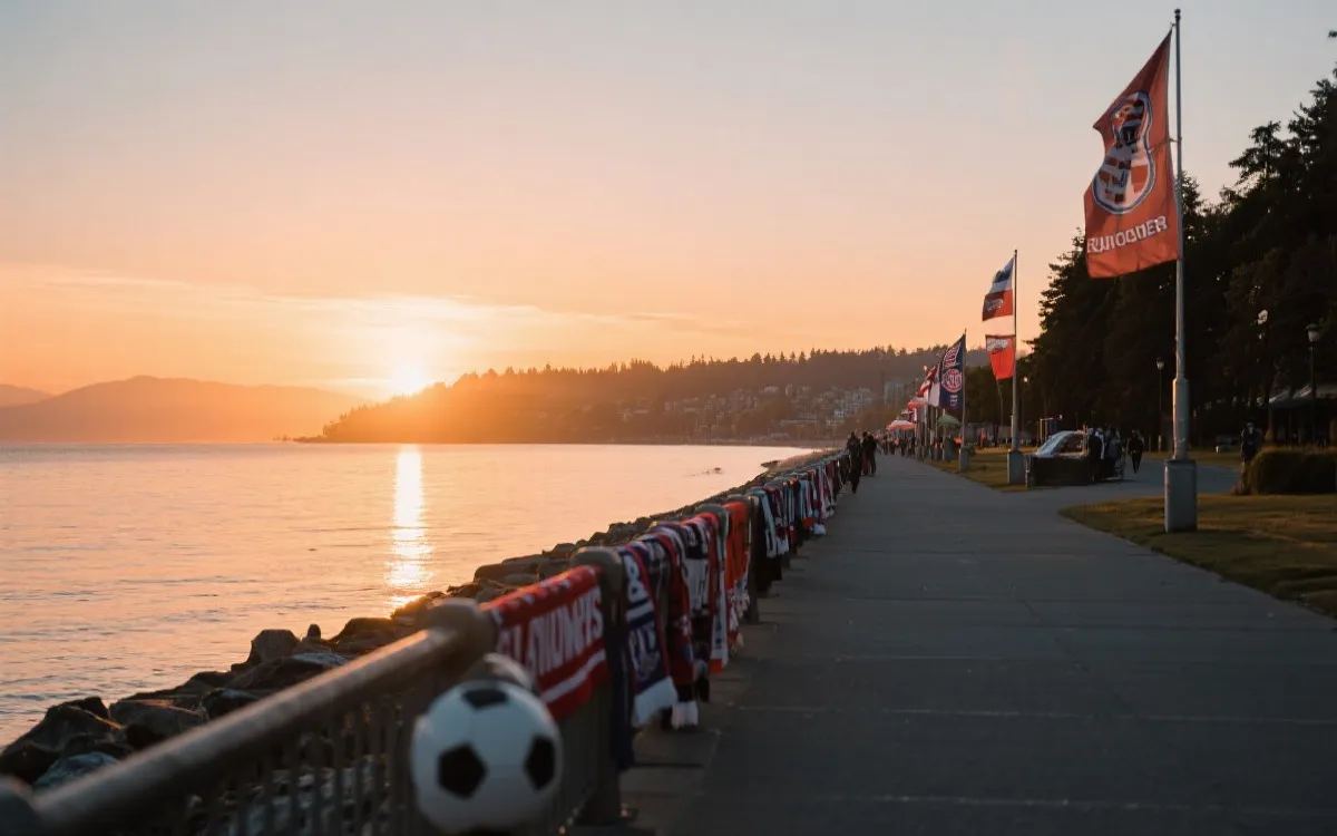 温哥华海岸线与球迷旅行元素的插画风视觉