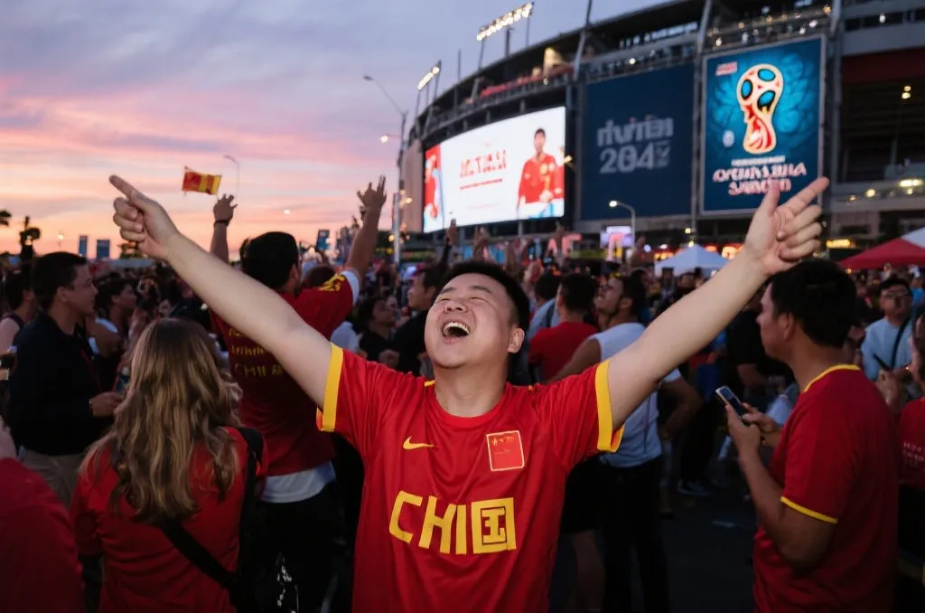 中国球迷在北美球场外与热烈的人群氛围,傍晚灯光和世界杯海报,旅行感强